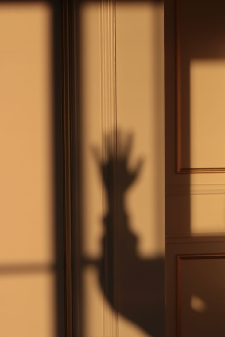 A hand shadow on a warm-lit wall with soft, blurred edges and the fingers merging into one another