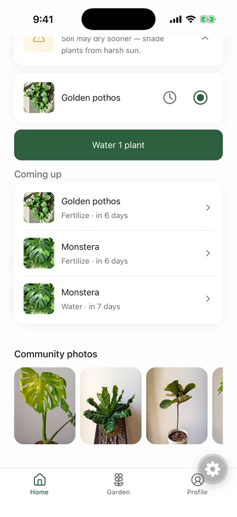 GrowSpot screenshot: a Community photos row, showing real plants other people are growing