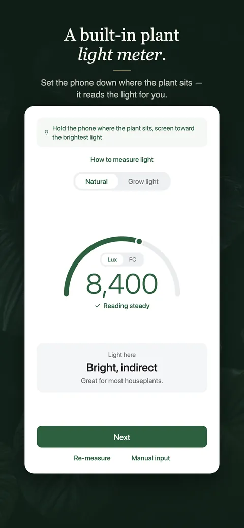 The built-in light meter reading 8,400 lux at a spot and calling it bright, indirect, with a lux or foot-candle toggle and separate natural and grow-light modes