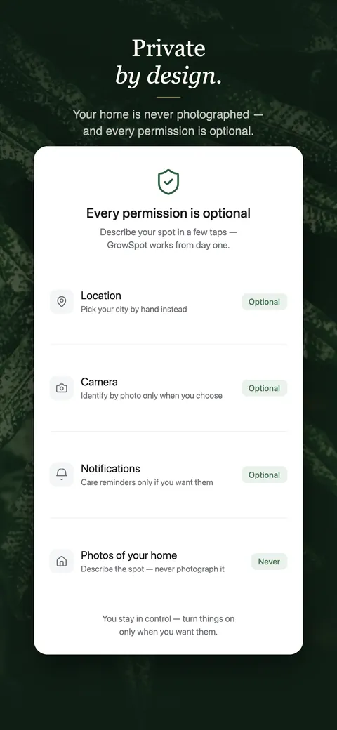 The GrowSpot permissions screen: location, camera and notifications each marked optional, and photos of your home marked never