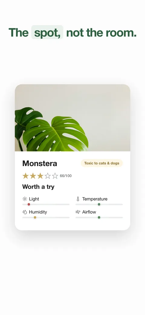The spot, not the room: a monstera scored 66 out of 100, with light, temperature, humidity and airflow each marked on its own scale
